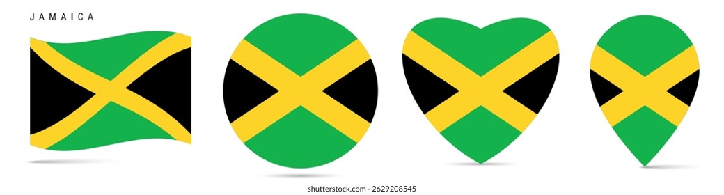 Jamaica waving flag, round circle sticker badge, heart shaped icon, map pin. Jamaican flag buttons of different shapes. Vector illustration isolated on white.