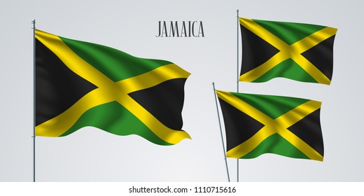 Jamaica waving flag set of vector illustration. Green yellow cross of Jamaica wavy realistic flag as a patriotic symbol 