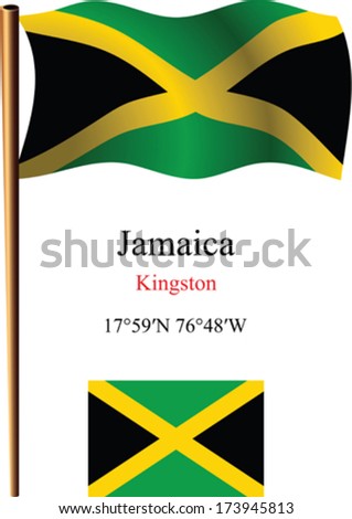 jamaica wavy flag and coordinates against white background, vector art illustration, image contains transparency