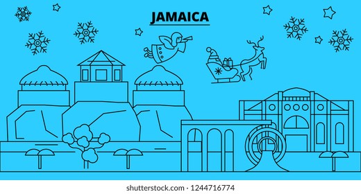 Jamaica winter holidays skyline. Merry Christmas, Happy New Year decorated banner with Santa Claus.Jamaica linear christmas city vector flat illustration