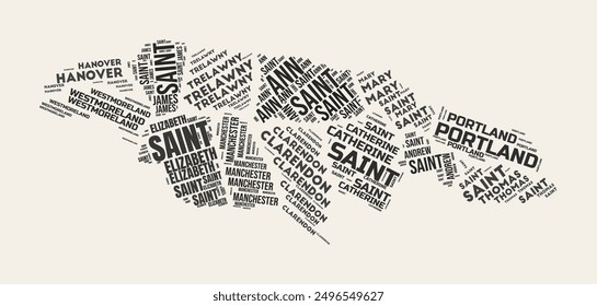 Jamaica Word Cloud. Country with regions division. Jamaica typographic text clouds vector image design. Vintage gazette style country shape image. Awesome vector illustration.