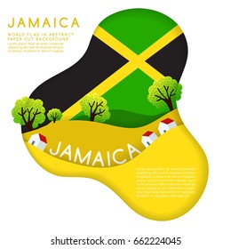 Jamaica : World Flag in paper cut shapes with trees and mountains in the layers : Vector Illustration