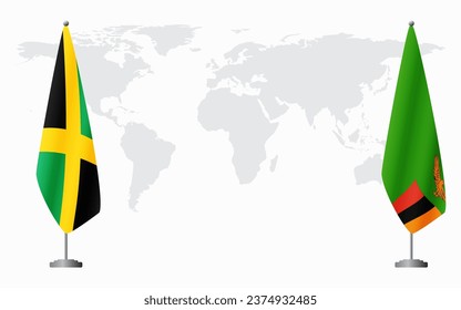 Jamaica and Zambia flags for official meeting against background of world map.