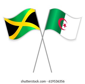 Jamaican and Algerian crossed flags. Jamaica combined with Algeria isolated on white. Language learning, international business or travel concept.