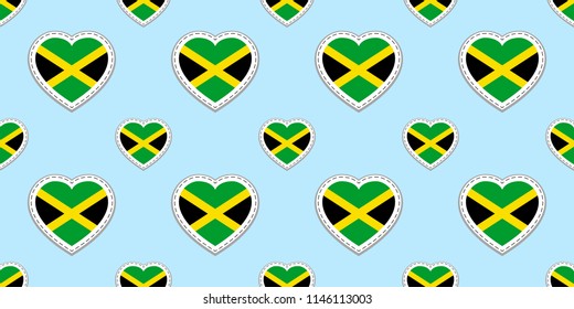 Jamaican background. Jamaica flag seamless pattern. Vector stickers. Love hearts symbols. Good choice for sports pages, travel, geographic, cartographic design elements. patriotic wallpaper