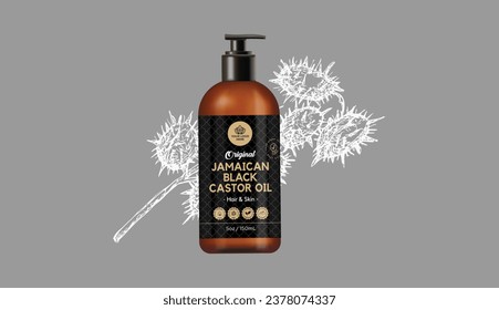 Jamaican Black Castor Oil with amber bottle label and mockup banner design for social media and website, hair care oil label black and gold cosmetic premium quality packaging editable vector file