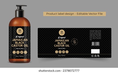 Jamaican Black Castor Oil Label Design, Castor oil label packaging design with bottle mockup for hair care oil label black and gold cosmetic conditioner label premium quality editable vector file