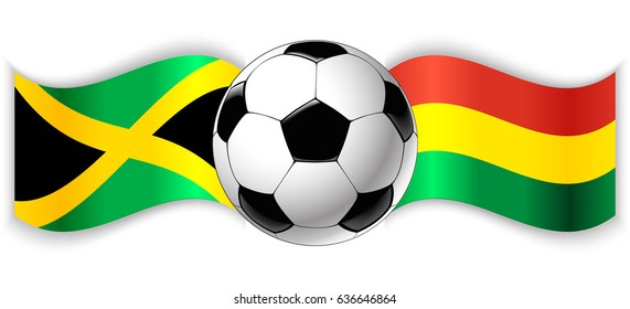 Jamaican and Bolivian wavy flags with football ball. Jamaica combined with Bolivia isolated on white. Football match or international sport competition concept.