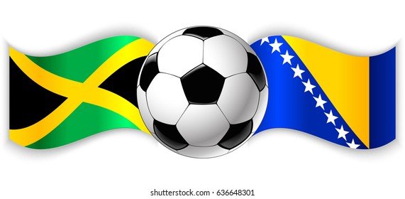 Jamaican and Bosnian wavy flags with football ball. Jamaica combined with Bosnia and Herzegovina isolated on white. Football match or international sport competition concept.