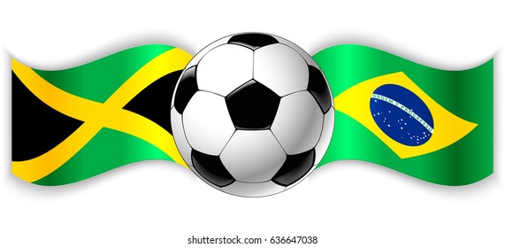 Jamaican and Brazilian wavy flags with football ball. Jamaica combined with Brazil isolated on white. Football match or international sport competition concept.