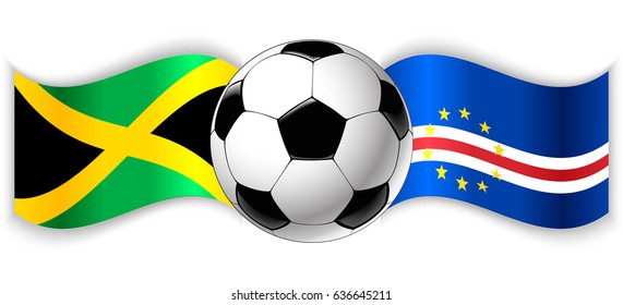 Jamaican and Cabo Verdean wavy flags with football ball. Jamaica combined with Cape Verde isolated on white. Football match or international sport competition concept.