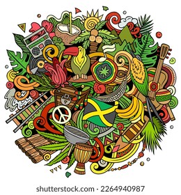 Jamaican cartoon doodle illustration. Funny Cuban design. Creative vector background with north America country elements and objects. Colorful composition