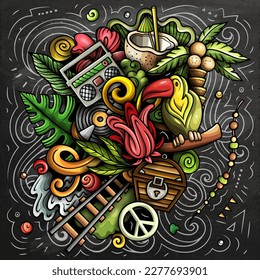 Jamaican cartoon doodle illustration. Funny Cuban design. Creative vector background with north America country elements and objects. Chalkboard composition