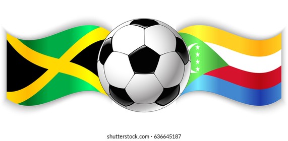 Jamaican and Comoran wavy flags with football ball. Jamaica combined with Comoros isolated on white. Football match or international sport competition concept.