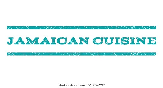 Jamaican Cuisine watermark stamp. Text tag between horizontal parallel lines with grunge design style. Rubber seal stamp with dust texture. Vector cyan color ink imprint on a white background.