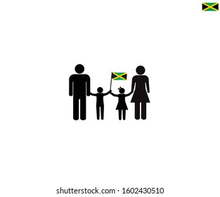 Jamaican Family With Jamaica National Flag, We Love Jamaica Concept, Sign Symbol Background, Vector Illustration.