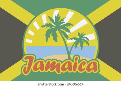 Jamaican flag with emblem of tropical beach. 'Jamaica' inscription in reggae colors