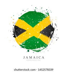 Jamaican flag in the form of a large circle. Vector illustration on white background. Brush strokes drawn by hand. Jamaica Independence Day.