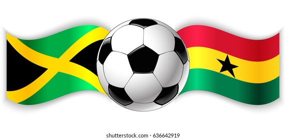 Jamaican and Ghanaian wavy flags with football ball. Jamaica combined with Ghana isolated on white. Football match or international sport competition concept.