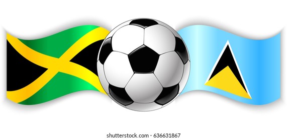 Jamaican and Saint Lucian wavy flags with football ball. Jamaica combined with Saint Lucia isolated on white. Football match or international sport competition concept.
