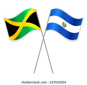 Jamaican and Salvadoran crossed flags. Jamaica combined with El Salvador isolated on white. Language learning, international business or travel concept.