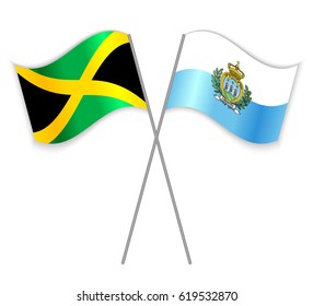 Jamaican and Sammarinese crossed flags. Jamaica combined with San Marino isolated on white. Language learning, international business or travel concept.