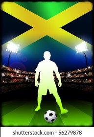 Jamaican Soccer Player with Flag on Stadium Background Original Illustration