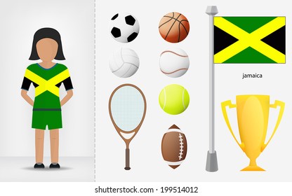 Jamaican sportswoman with sport equipment collection vector illustrations