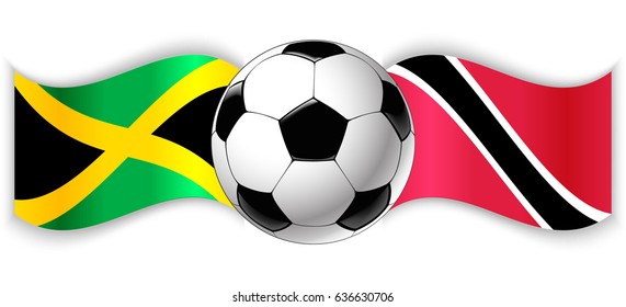 Jamaican and Trinidadian wavy flags with football ball. Jamaica combined with Trinidad and Tobago isolated on white. Football match or international sport competition concept.