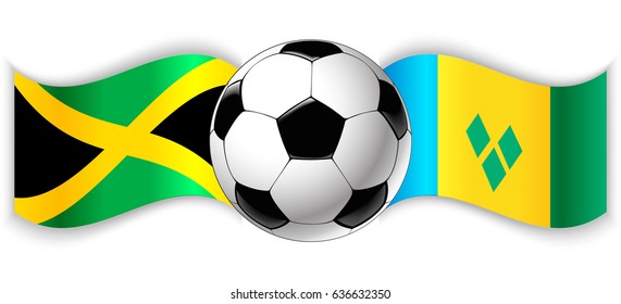 Jamaican and Vincentian wavy flags with football ball. Jamaica combined with Saint Vincent and the Grenadines isolated on white. Football match or international sport competition concept.