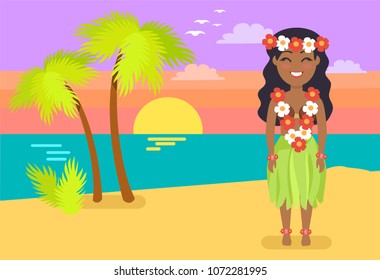 Jamaican woman in national costume on sandy beach. Girl with flower beads. Female on ocean coast cartoon vector illustration native habitant