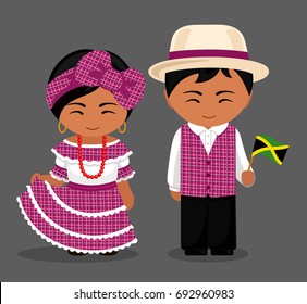 Jamaicans in national dress with a flag. Man and woman in traditional costume. Travel to Jamaica. People. Vector flat illustration.