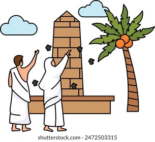 Jamaraat und Haji Stoning of Devil Concept, Muslimische Pilger werfen Steine an die Wand Vektorgrafik Ikone Design, Eid al-Azha oder Eid ul Kabir Symbol, Hadsch Zeichen, Muslims religiöses Fest Stock Illustration