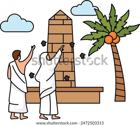 Jamaraat and Haji Stoning of Devil Concept, Muslim Pilgrims Throw Stones at wall vector icon design, Eid al-Azha or Eid ul Kabir Symbol, Hajj Sign, Muslims religious Festival Stock illustration