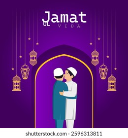 Jamat ul Vida Mubarak Greeting with Two Muslim Men Embracing Hanging Lanterns, and Mosque Arch on Purple Background  Islamic Festival and Ramadan Farewell Concept