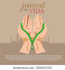 Jamat ul Vida Mubarak Illustration with Praying Hands Holding Islamic Prayer Beads and Mosque Silhouette in the Background  Spiritual Ramadan Farewell Concept