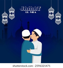 Jamat ul Vida Mubarak Illustration with Two Muslim Men Embracing Hanging Lanterns and Mosque Silhouette on Dark Blue Background  Islamic Festival and Farewell Ramadan Concept