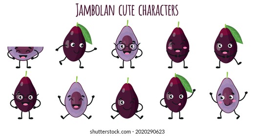 Jambolan fruit cute funny cheerful characters with different poses and emotions. Natural vitamin antioxidant detox food collection. Vector cartoon isolated illustration. Children concept.
