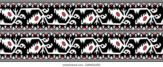 Diseño del patrón de frontera de la sari de Jamdani. Patrones de diseño de sari tradicionales de Bangladesh e India. Diseño de patrones vectoriales de tejido sin fisuras folclóricas.