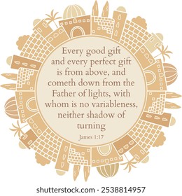 James 1:17 text inside biblical city frame artwork. "Every good gift and every perfect gift is from above"