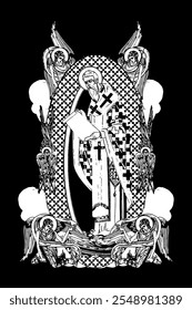 James, brother of Jesus. Illustration with angels and seraphim in heaven black and white in Byzantine style