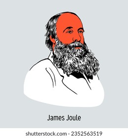 James Joule was an English physicist who made a significant contribution to the development of thermodynamics. He substantiated the law of conservation of energy through experiments. Hand drawn vector