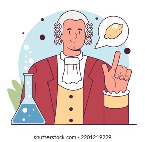 James Lind. Scottish physician medical scientist discovered scurvy treatment with a citrus fruit. Age of Discovery and seafaring. Flat vector illustration