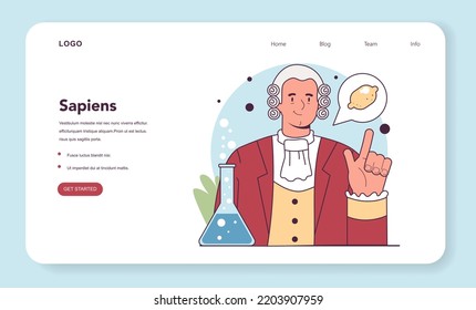 James Lind web banner or landing page. Scottish physician medical scientist discovered scurvy treatment with a citrus fruit. Age of Discovery and seafaring. Flat vector illustration