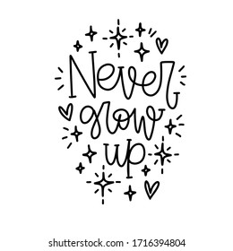 James Matthew Barrie quote vector design with Never grow up Peter Pan words, heart and twinkle star doodle clipart.