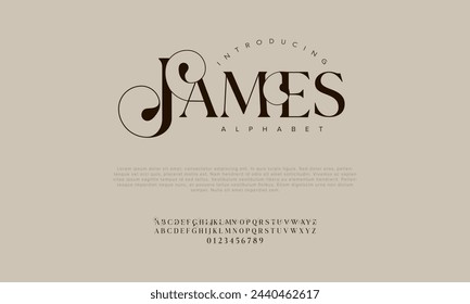 James premium luxury elegant alphabet letters and numbers. Vintage wedding typography classic serif font decorative vintage retro. Creative vector illustration