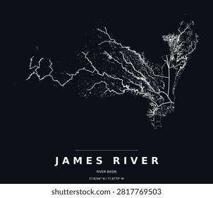 James River drainage basin watershed map, white streams on black, minimalist line art poster and modern wall decor