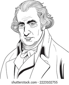 James Watt cartoon portrait. He was a Scottish inventor, mechanical engineer, and chemist.