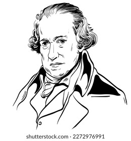 James Watt portrait in line art illustration. He was a Scottish inventor, mechanical engineer, and chemist.