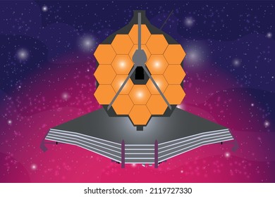 James Webb Space Telescope flight somewhwere in outer space. Vector illustration.